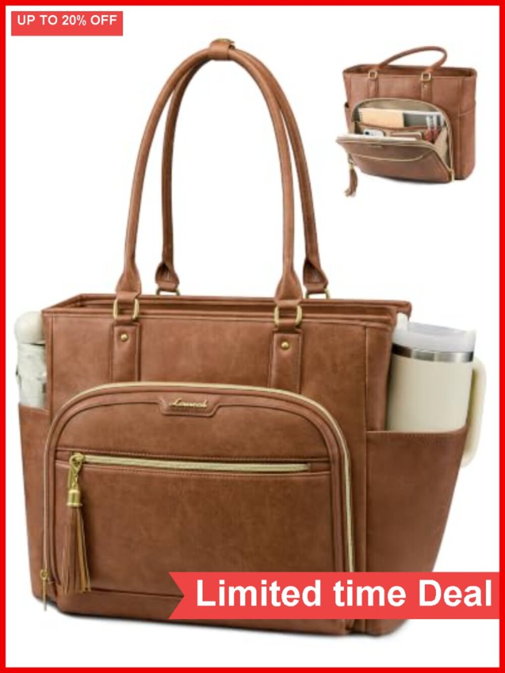 Vintage Leather Laptop Tote Bag for Women Work Teacher Nurse with Cup Holder 17